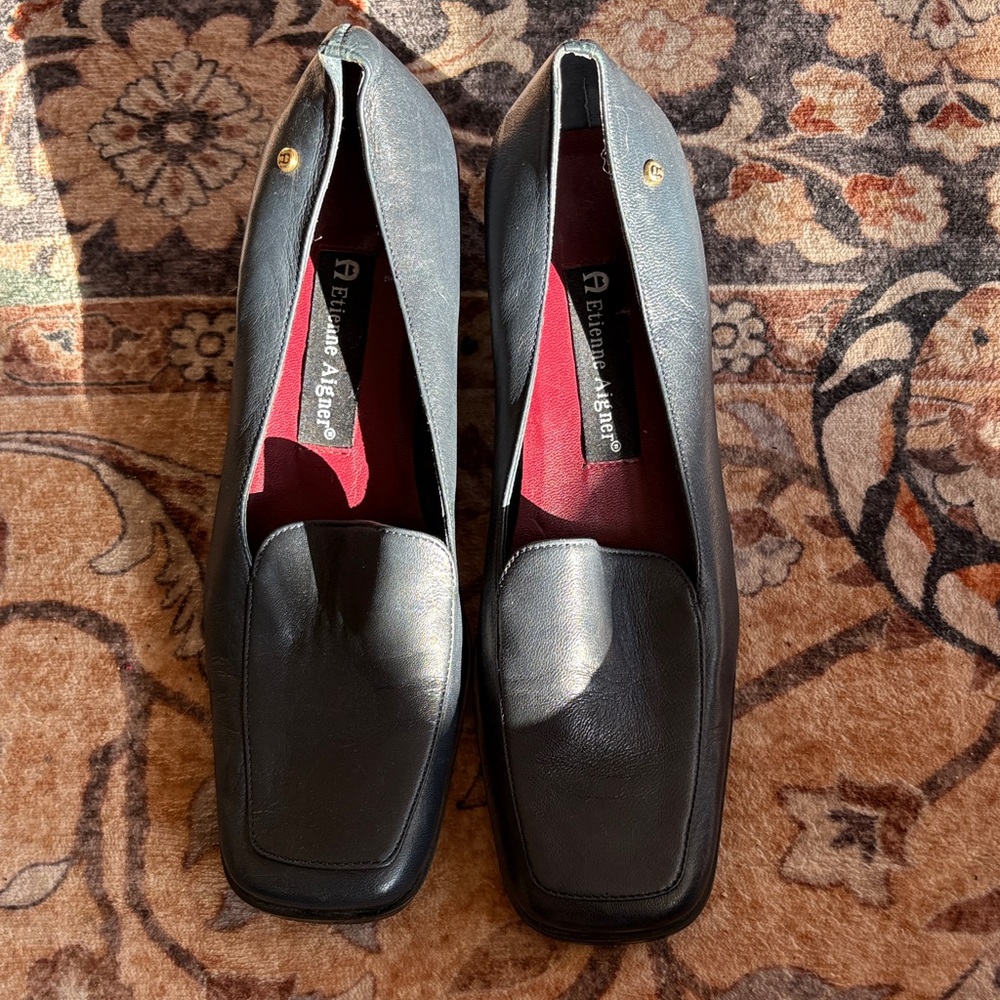 Etienne Aigner Black Leather Square-Toe Loafers